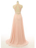 Peach Lace Chiffon Halter Neckline Keyhole Back Long Prom Dress